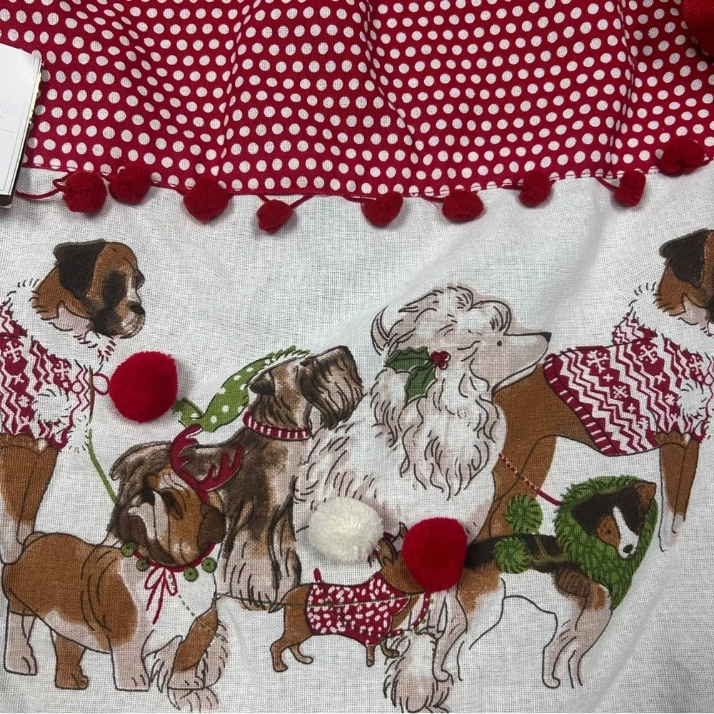 Pier 1 Imports Christmas Dogs Apron Red Polka Dot Holiday Kitchen Cotton Pom Pom